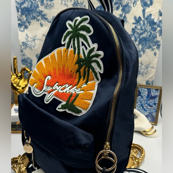 🆕 SEE BY CHLOE 🧿 NWT Blue Satin Palm Trees Decal Backpack - Picture 10 of 16